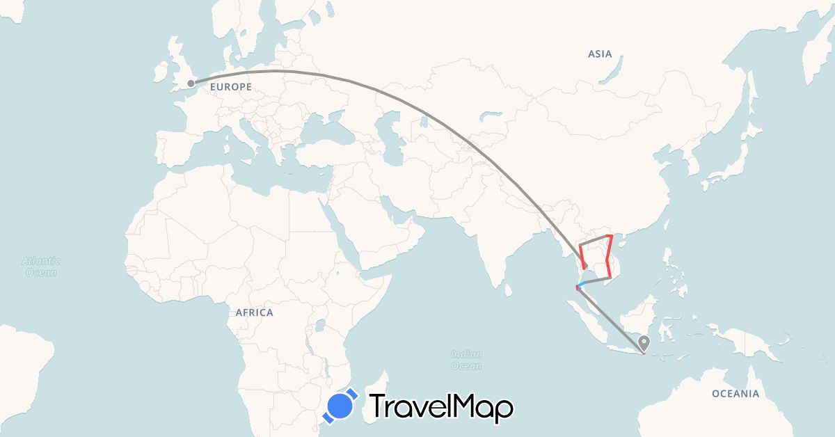TravelMap itinerary: driving, plane, hiking, boat in United Kingdom, Indonesia, Laos, Thailand, Vietnam (Asia, Europe)